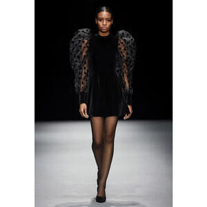 Runway Look Black Velvet Mini Dress Sheer Polka Dot Puff Sleeves NWT sz XL $360